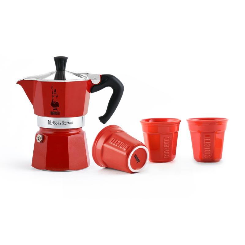 Bialetti Express Moka Pot, 3 Cup + 3 Fincan, Kırmızı — Bialetti
