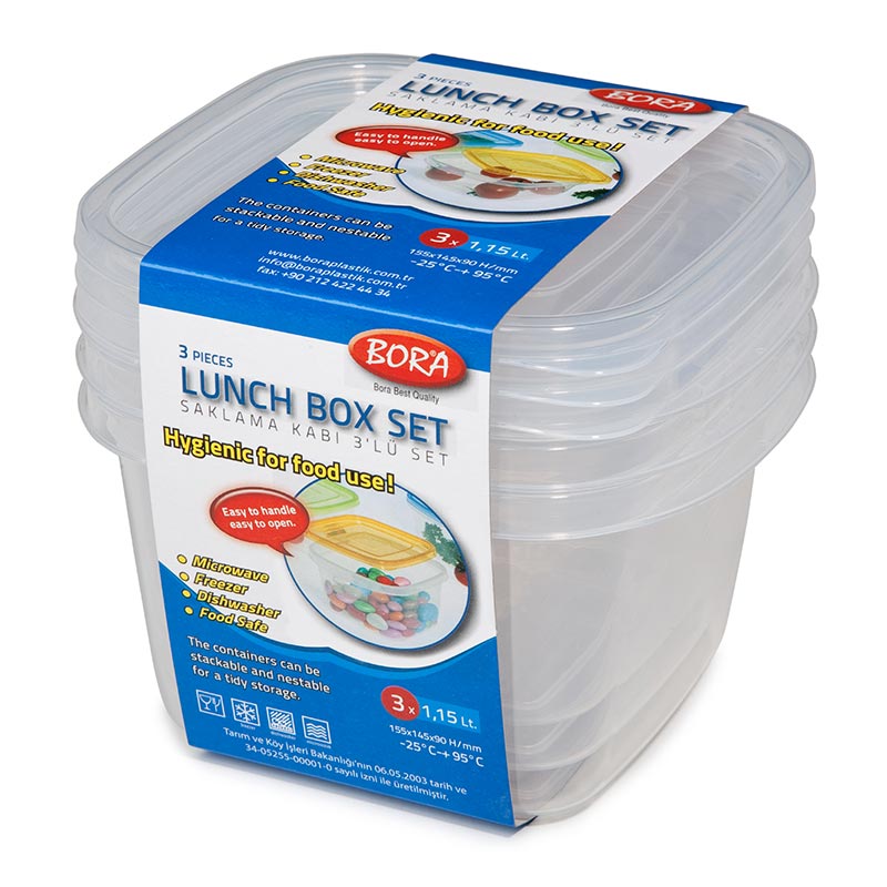 Bora Plastik Kare Saklama Kabı, 3'lü , 1150 ml — Bora Plastik