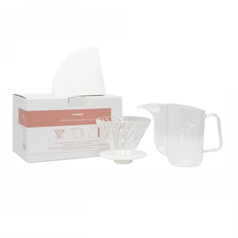Hario VDAP-02-BLM 100. Yıl Demleme Kiti (V60 02 Cam Dripper + AIR Kettle + Filtre Kağıdı) — Hario