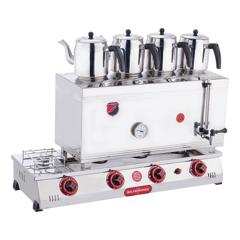 SilverInox 2102-D 85 Model Kaynaklı 4 Demlikli Çay Ocağı Çift Taban, 58 L, Elektrikli + Doğalgazlı — SilverInox — Görsel 1